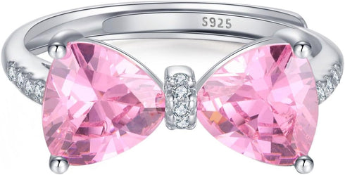 Pink Bow Rings for Women 925 Sterling Silver Cubic Zirconia Mother Daughter Ring Promise Rings for Her Dainty CZ Adjustable Stackable Rings Jewelr...
