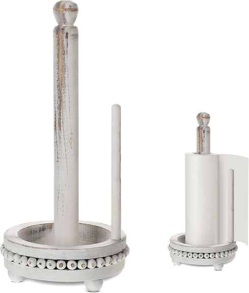 Farmhouse Paper Towel Holders Washed Beaded Wood Paper Towel Stand Rustic Pedestal Standing Paper Towel Roll Dispenser Rack for Kitchen Bathroom D...