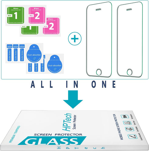 HPTech 2-Pack Tempered Glass For iPhone SE 2016, iPhone 5S, iPhone 5, iPhone 5C Screen Protector, Easy to Install, Bubble Free, 9H Hardness...