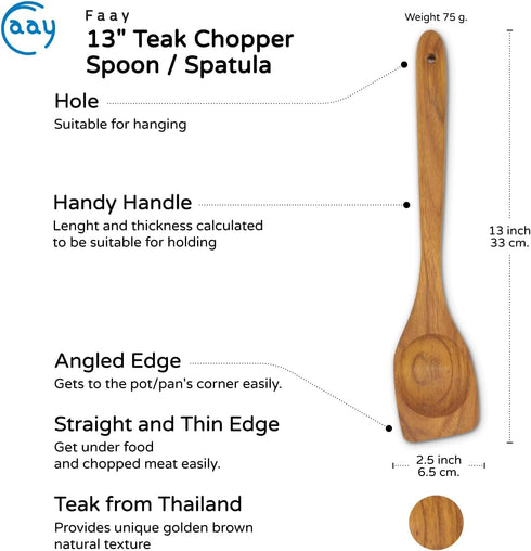 FAAY Right Hand Chopper, Wooden Spoon - Spatula, Break Up Ground Beef Utensils Made from High Moist Resistance Teak Wood for Non Stick Cookware. (...
