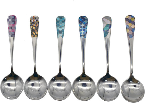 6pcs Round Head Soup Spoons with Fashion Printing Pattern 6.22inch Tablespoon 18/10(304) Stainless Steel Korean Spoons for Rice Dessert Tea Coffee...