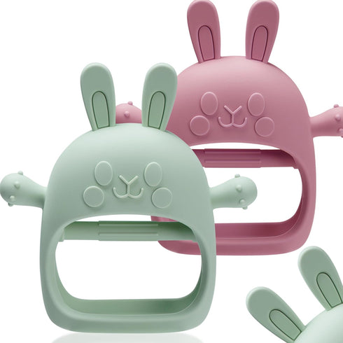 2 Packs Bunny Teething Toys for Babies 0-6 Months,Never Drop Teether for 6-12 Months,100% Food-Grade Silicone Teething Mitten for Babies,Teething ...