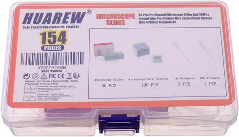 50 Pcs Ground Edge Pre-Cleaned Microscope Slides and 100 Pcs Pre-Cleaned Microscope Cover Glasses with 4 Plastic Droppers...