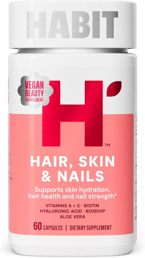 HABIT Hair, Skin & Nails Supplement (60 Capsules) - New Look, Supports Skin Hydration, Hair & Nail Strength, Biotin 2000mcg, Vitamin A & C, Hyalur...