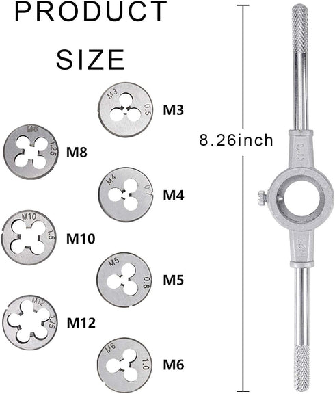 JONMON 8 Pcs Metric Die Set - Screw Die & Adjustable Wrench Holder with M3-M12 Dies Threading and Rethreading Cutting External Thread Processing T...