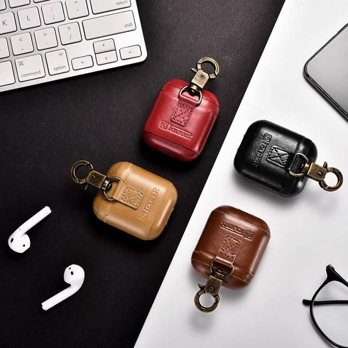 AirPods Leather Case, ICARER Genuine Leather AirPod case with Keychain and Led Light for Apple AirPods 2 Case & Airpods 1, Support Wireless Chargi...