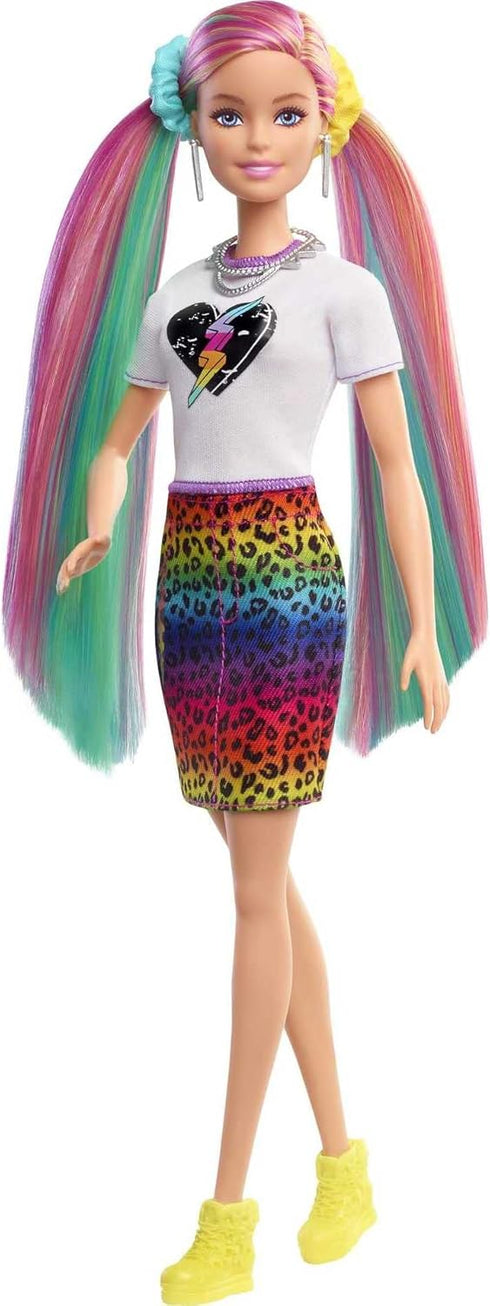 Barbie Doll Leopard Rainbow Hair with Color-Change Highlights & 16 Styling Accessories Including Clothes, Scrunchies, Brush & More...