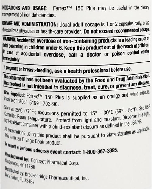Breckenridge Ferrex 150 Polysaccharide Iron Complex Caps 100ct *Non Blister* by "Breckenridge Pharmaceutical, Inc."...