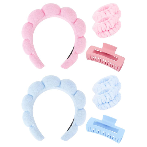 Wecoe Pink Blue Spa Headband And Wristband Set Skincare Headband For Washing Face Hair Claw Clips For Thick Hair Cute Puffy Sponge Bubble Makeup H...