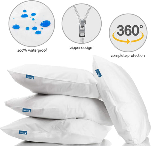 Queen Pillow Protectors with Zipper 4 Pack Queen Size 20 x 30 inch Waterproof Pillow Case Protector Down Feather Proof Pillow Covers Encasement Pi...