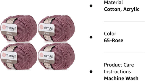 4 Skeins YarnArt Jeans 55% Cotton 45% Acrylic Yarn Blend Thread Crochet Hand Knitting Art Lot of 4skn 200 gr 696 yds (65-Rose)...