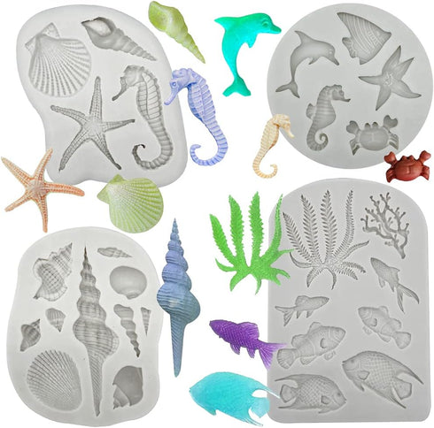4PCS Marine Theme Fondant Silicone Mold Seaweed Sea Fish Crab Coral Conch Sea Shells Shape DIY Handmade Baking Tools...