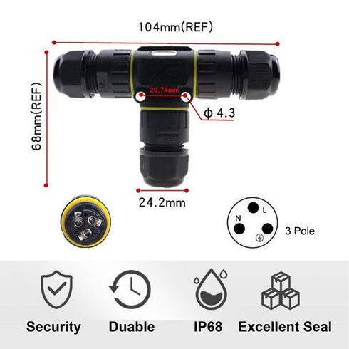 IP68 Waterproof Cable Connector 3-Channel 3-Poles, Outdoor Waterprrof Junction Box Connector,Ideal for 2 or 3 Pin Cables Ø4-12mm,Use for Outdoor B...