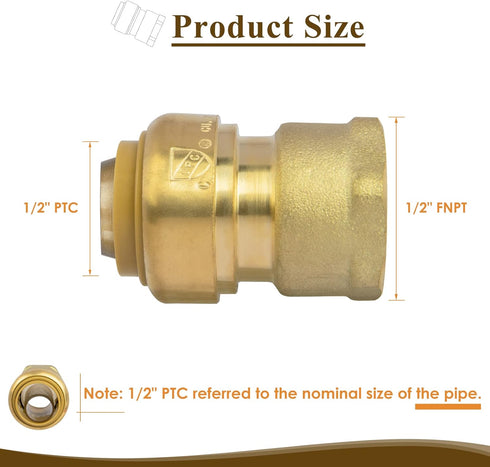 JUWO 1/2" x 1/2" NPT Female Adapter for PEX, Copper, CPVC Pipe, Push to Connect Brass Plumbing Fitting with Upgraded Stiffener (6 Pack)...