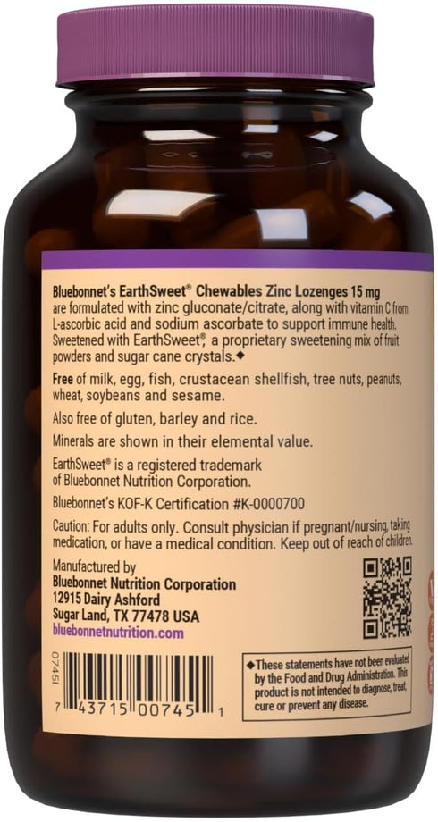 Bluebonnet Nutrition Earthsweet Zinc Lozenges 15mg Chewables, Plus 100mg of Vitamin C, Soy-Free, Gluten-Free, Kosher Certified, Dairy-Free, Vegan,...