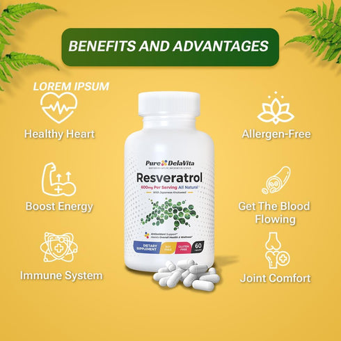 Resveratrol Supplement with Antioxidants, Anti Aging, Heart & Immune Health 600mg per Serving, 60 Capsules, Japanese Knotweed, Gluten & Soy Free...