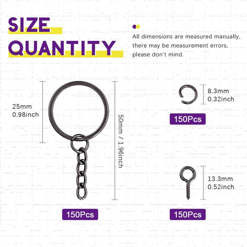Swpeet 450Pcs 1 Inch 25mm Black Flat Key Chain Rings Kit, Including 150Pcs Split Keychain Rings with Chain and 150Pcs Jump Ring with 150Pcs Screw ...
