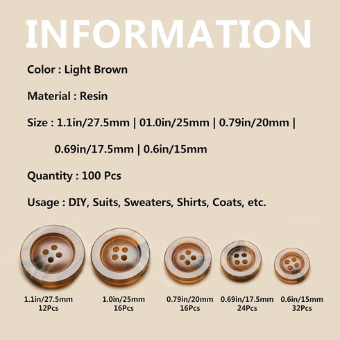 Sewing Buttons - Craft Buttons, 5 Sizes of 100 Pcs Versatile Buttons for Sewing, DIY Projects and Holiday Decoration (Light Brown)...