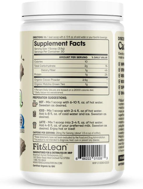 Fit & Lean Cacao Matcha Green Tea Powder, Organic, Japanese Ceremonial Grade, Superfood, Antioxidants, Energy, Mood,105 Grams, 30 Servings...