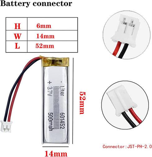 3.7V Lipo Battery 500mAh Rechargeable Lithium ion Polymer Battery 601452 Lithium Polymer ion Battery with JST Connector...