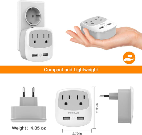European Travel Plug Adapter Converter, TESSAN International Power Plug Converter with 2 USB, Type C Outlet Adaptor Charger for US to Most of Euro...