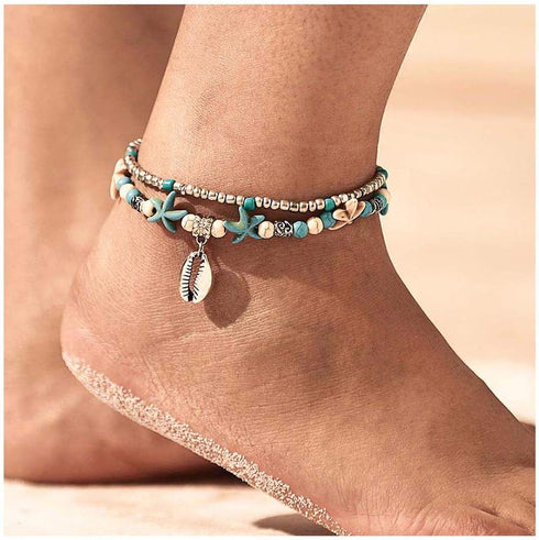 Yokawe Boho Layered Beaded Anklet Bracelets Silver Shell Turtle Anklet Chain Starfish Summer Beach Barefoot Sandals Foot Jewelry for Women and Tee...