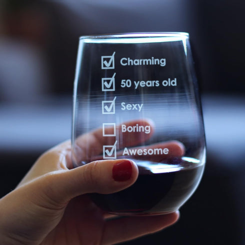 50th Birthday Checklist - Stemless Wine Glass Gift - Funny Bday Gifts for Women and Men Turning 50 - Large 17 Ounce...
