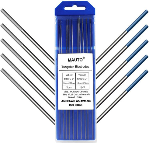 TIG Welding Tungsten Electrodes 5-Pack 2% Lanthanated 1/16" & 5-Pack 2% Ceriated 1/16" (5pcs WL20 Blue, 5pcs WC20 Gray)...