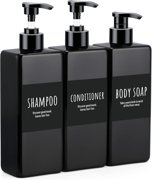 Segbeauty Shampoo and Conditioner Dispenser Refillable, 3pcs 16.9oz Shower Bottles Soap Dispenser with Labels, 500ml Empty Plastic Square Pump Bot...
