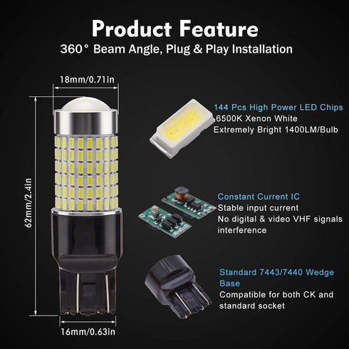 1400 Lumens Extremely Bright 144-SMD 7443 7440 7441 7444 W21W LED Bulbs 9-30V with Projector for Backup Reverse Lights, Parking Lights, Tail Brake...