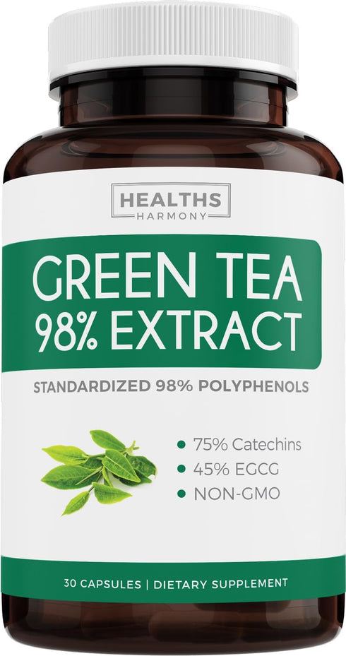 Green Tea Extract Capsules 98% with EGCG (Non-GMO) for Natural Metabolism Boost - Leaf Polyphenol Catechins - Antioxidant Supplement - Green Tea P...