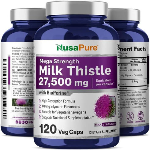 NusaPure Milk Thistle Extract 27,500mg 120 Veggie Capsules (50:1 Extract, Non-GMO, Gluten Free) Max Strength - Standardized 80% Silymarin, Bioperi...