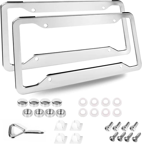 2 Pcs 4 Holes Stainless Steel License Plate Frame?Car License Plate Holder Bracket with Mount Hardware ?Screw? Caps Cover Set Car Accessories...
