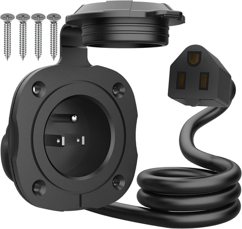 PAULINN Shore Power Inlet Plug 15 Amp, 125V NEMA 5-15 AC Power Inlet Port Plug w/Integrated 18" Extension Cord and Waterproof Back Cover, 2 Pole 3...