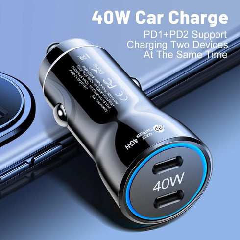 USB C Car Charger, 2-Port 40W Dual USB-C Car Power Adapter PD/QC Fast Charging Cigarette Lighter for iPhone 16/15/14/13/12/11/Pro Max, iPad, Samsu...