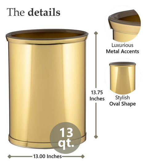 Kraftware Polished Brass Colored Mylar Designer 14” Oval Wastebasket for Home & Office...