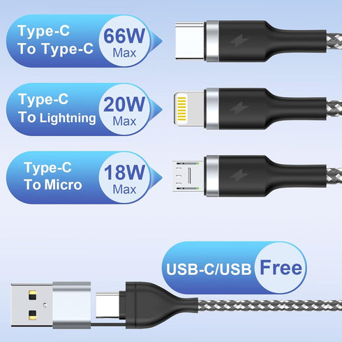 100W USB C Multi Fast Charging Cable, 6FT 6A USB C/A to Multi Charging Cable, 5 in 1 Braided Multi Charging Cable with Type C/Lightning/Micro USB ...