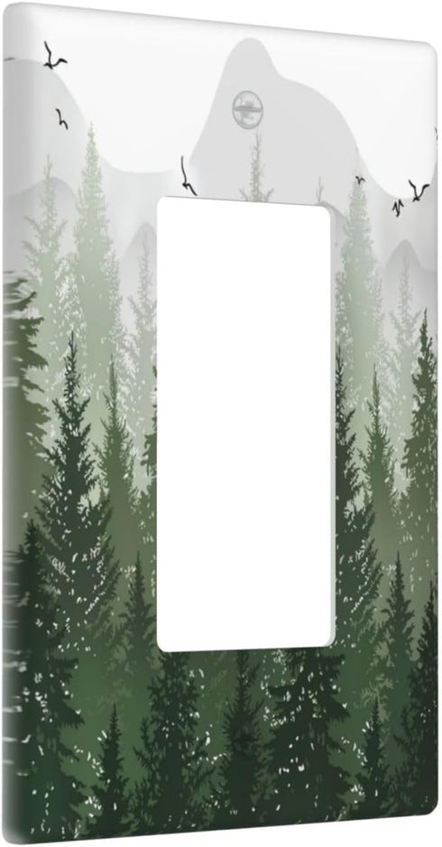 Rustic Green Forest 1 Gang Single Rocker Light Switch Cover Pine Tree Foggy Mountain Landscape Decorative Wall Plate Electrical Switchplate Recept...