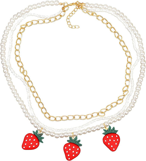 Multilayer Fruit Strawberry Pineapple Pendant Pearl Choker Colorful Beads Flowers Necklace Party Cute Women Bohemia Handmade Jewelry...
