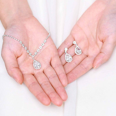 JAKAWIN Bride Silver Bridal Necklace Set Crystal Wedding Jewelry Set Rhinestone Necklace Clip On Earrings for Women (Set of 3) (A)...