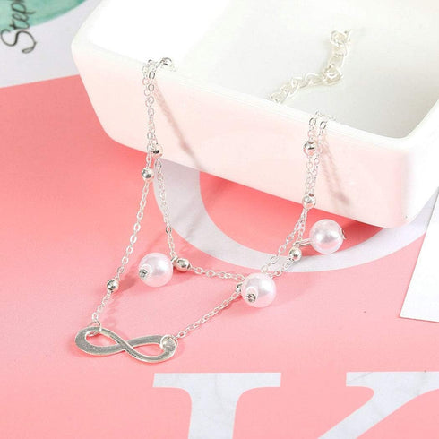 Boho Infinite Anklet Bracelets Pearl Layered Anklet Chain Silver Beach Foot Jewelry for Women...