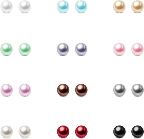 Charisma 4mm Composite Pearl Earrings Round Ball Pearls Stud Earrings Hypoallergenic 12 Pairs Mixed Color Imitation Pearl Earrings Set for Women...