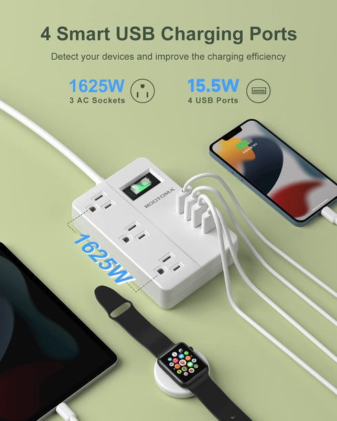 2 Prong Power Strip with USB-C, ROOTOMA 2 Prong to 3 Prong Outlet Adapter, 1080J 2 Prong Surge Protected with 3 Outlet & 4 USB, 3 Prong Adapter 4f...
