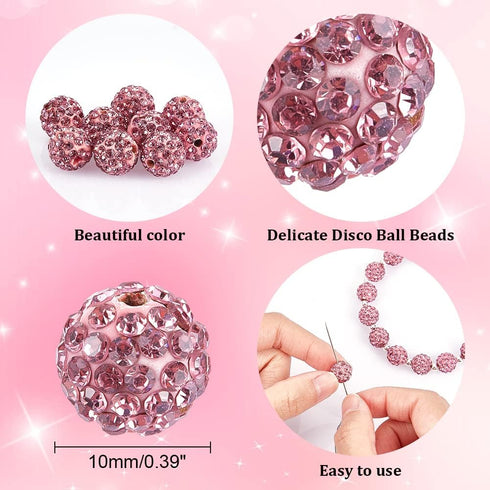 PandaHall 100pcs Pink Rhinestone Beads - 10mm Pink Clay Polymer Crystal Disco Ball Round Diamond Clay Beads for Necklace & Bracelet DIY Crafts...