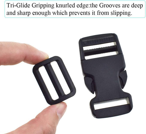 SGH Pro 1 Inch Single Adjustable Quick Side Release Buckles with 1 Inch Tri-Glide Slides Clips Snaps No Sewing Heavy Duty Plastic Replacement for ...