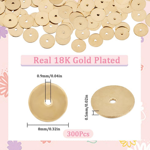 SUNNYCLUE 1 Box 300Pcs Real 18K Gold Plated Brass Disc Beads 8mm Flat Disc Spacer Beads Bulk Flat Round Golden Heishi Metal Loose Beads for Jewelr...