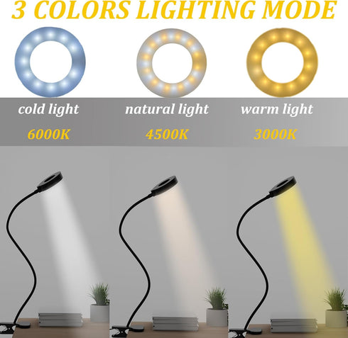 KBG Desk Lamp Clip on Light, 3 Color Modes & 10 Brightness Flexible Gooseneck Desk Lamp, Eye Protection Desk Light for Kids Reading Book in Bed at...