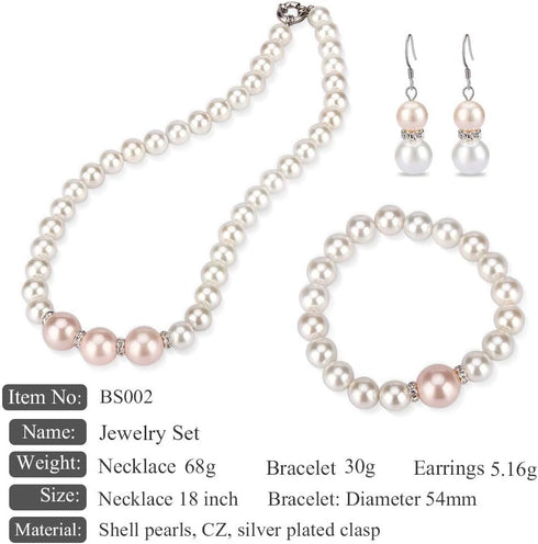 Pink White Shell Pearl Handmade Earrings Necklace Bracelet Jewelry Set for Women...
