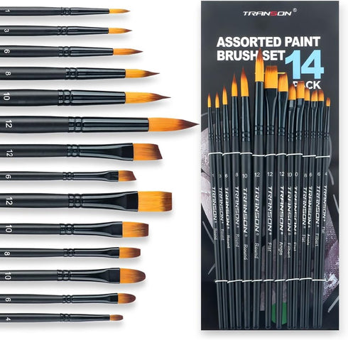 Transon 14pcs Art Painting Brush Set for Acrylic, Watercolor, Gouache, Oil and Hobby Painting Black Color...