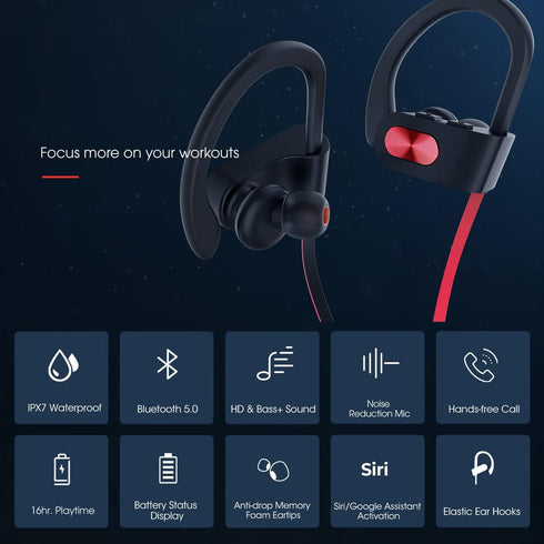Bluetooth Headphones V5.0, Flame Running Headphones w/16 Hrs Playtime, Bass+ HD Stereo Wireless Sports Earphones w/IPX7 Waterproof Earbuds in Ear ...